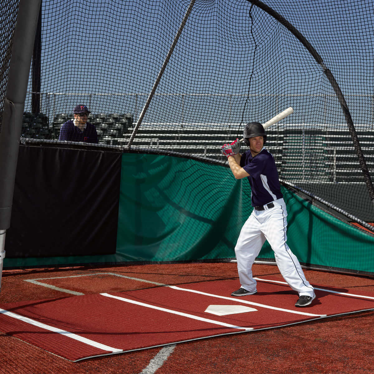 Clay batting mat with white lines and foam backing, 12' x 6', includes throw-down home plate