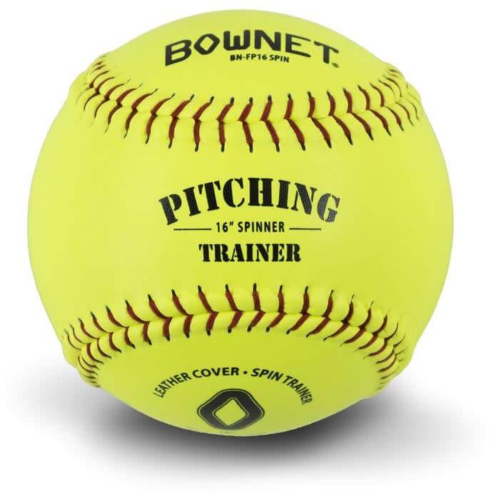 Bownet 16” Softball Spinner Trainer with raised seams and optic yellow leather cover