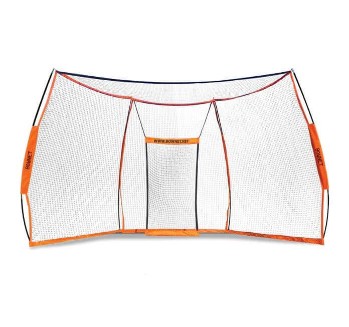 Bownet Bow Backstop set up on a grass field for baseball practice