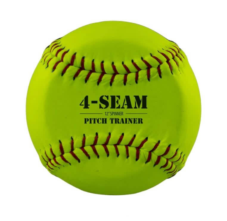 Bownet Fastpitch 4 Seam Spin training softball with raised seams and black centerline for spin correction.