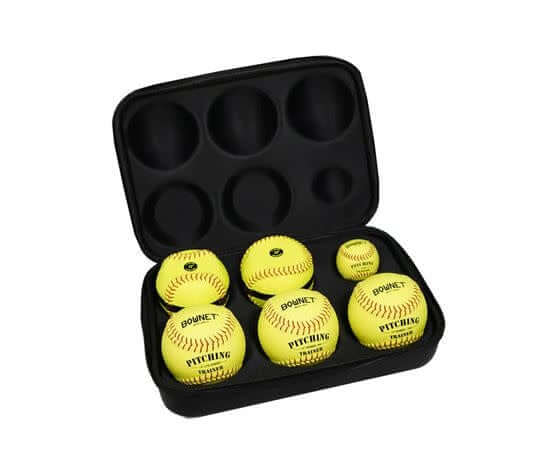 Bownet Fastpitch Pitch Kit with six training softballs and storage case