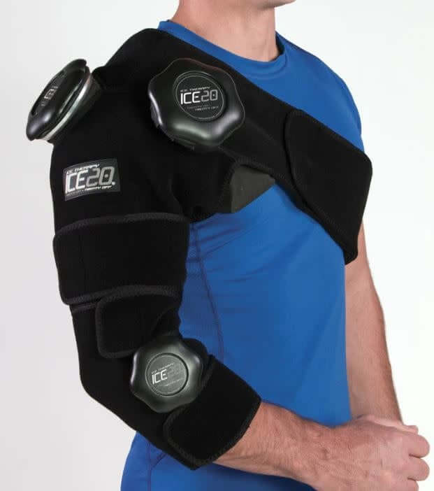 Bownet ICE20 Combo Arm with neoprene and Velcro straps for shoulder to elbow ice compression therapy.