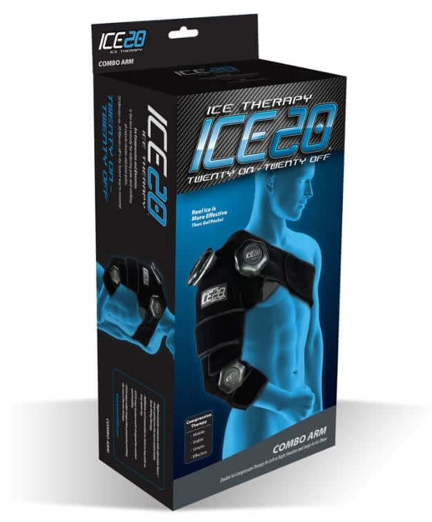 Bownet ICE20 Combo Arm with neoprene and Velcro straps for shoulder to elbow ice compression therapy.