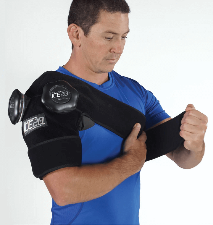 Bownet ICE20 Double Shoulder neoprene compression wrap with adjustable Velcro straps.