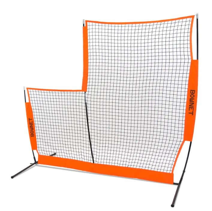 Bownet L Screen standing 8 feet tall with professional grade netting, steel base, and thick fiberglass poles