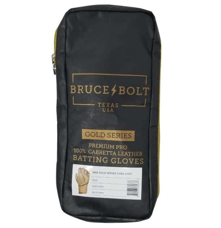 Bruce Bolt Long Cuff Gold Series premium batting gloves in carry case