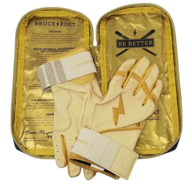 Bruce Bolt Long Cuff Gold Series premium batting gloves in carry case