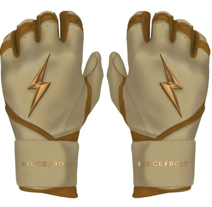 Bruce Bolt Long Cuff Gold Series premium batting gloves in carry case