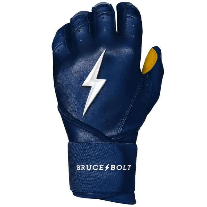 Bruce Bolt Premium Long Cuff Navy batting gloves with double reinforced light gold palm