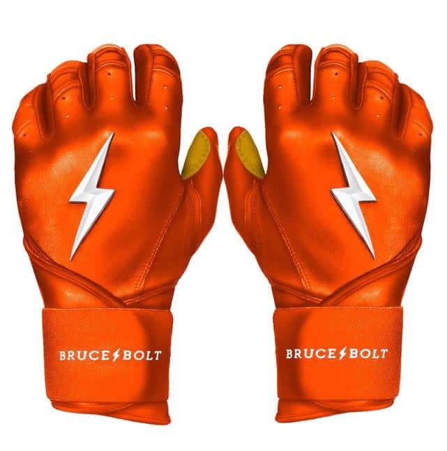 Bruce Bolt Premium Long Cuff Orange Batting Gloves High-quality, durable Cabretta leather