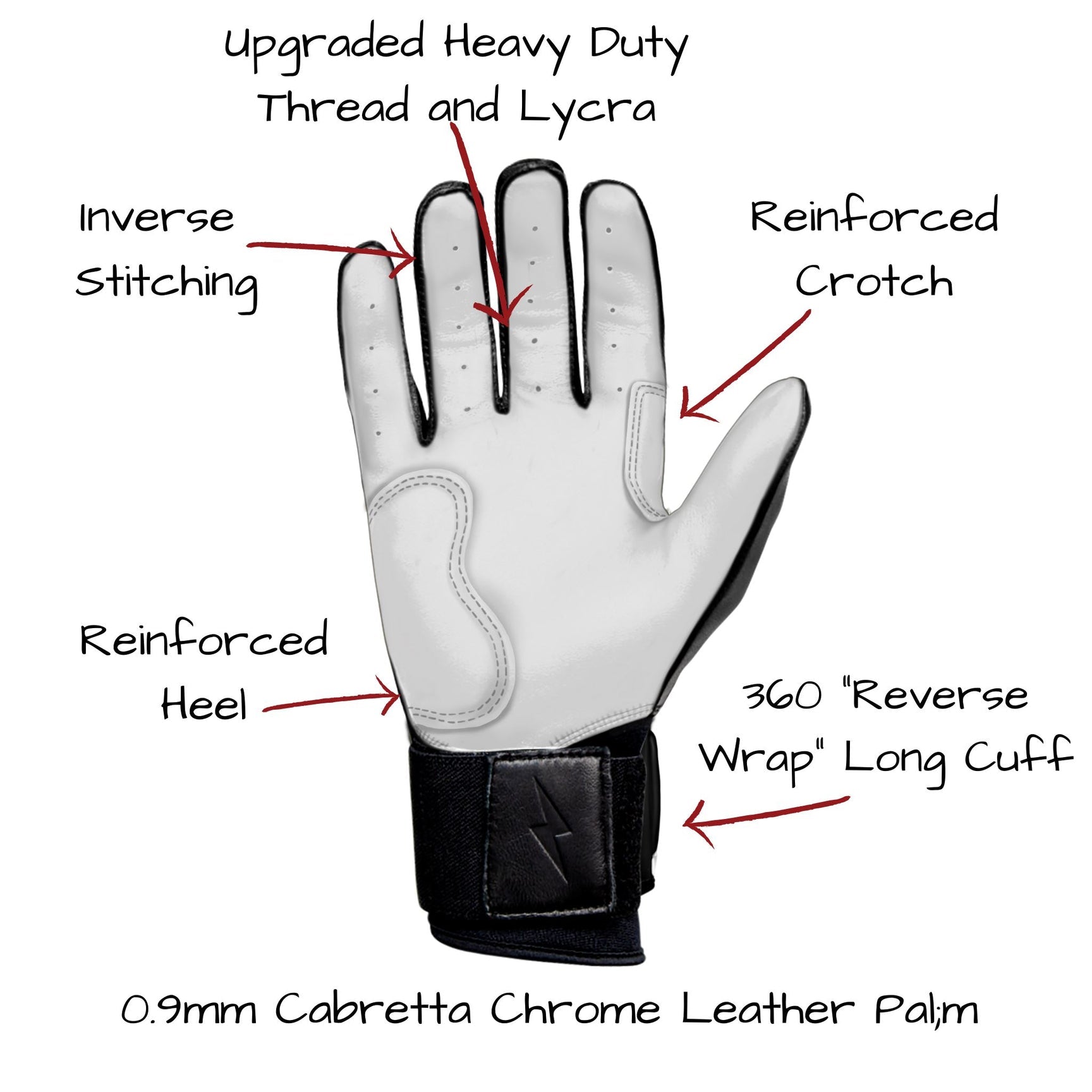 Bruce Bolt Youth Premium Pro Chrome Long Cuff Batting Gloves Black