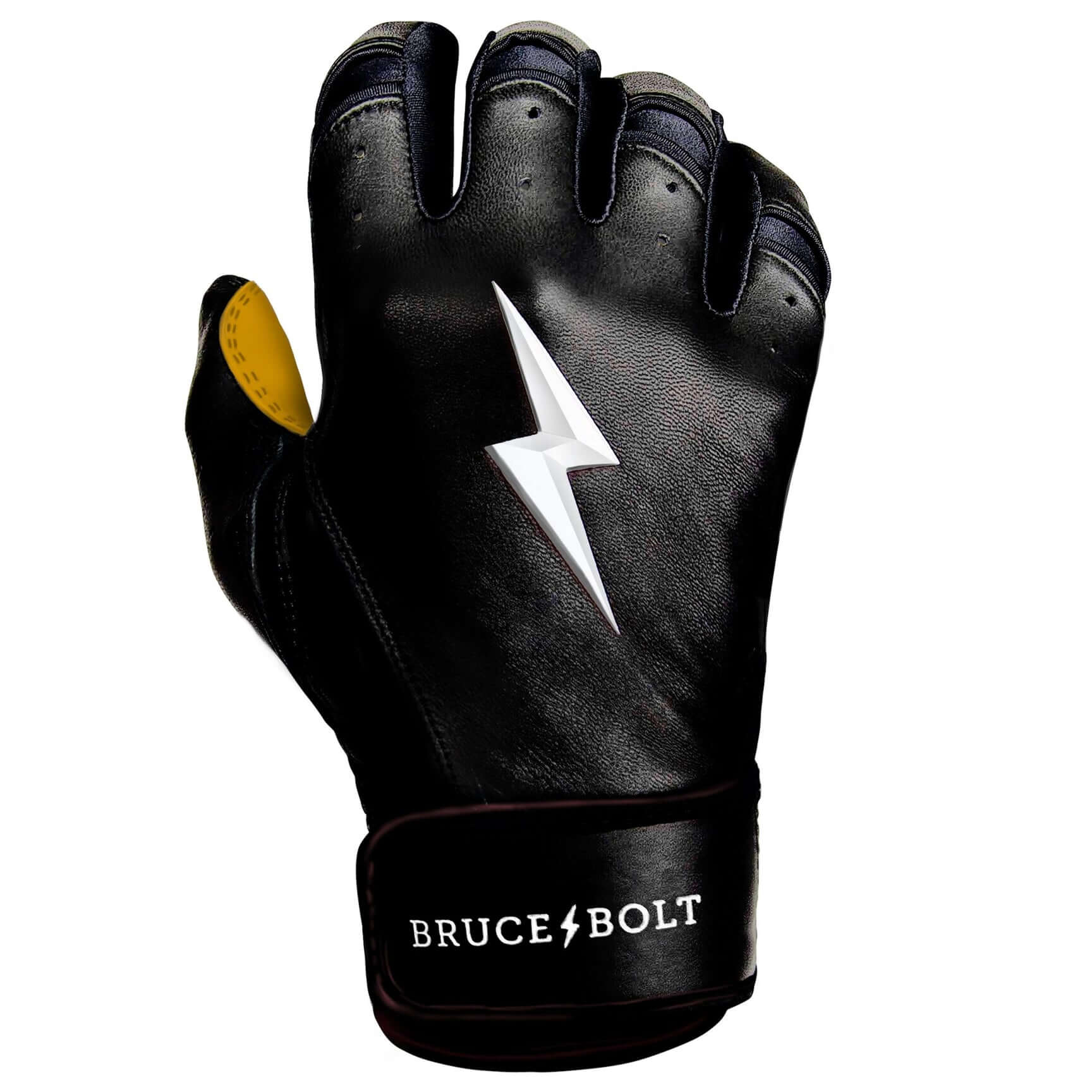 Youth batting gloves in black, made from 0.9mm Cabretta leather, with double reinforced palm and wider cuff.