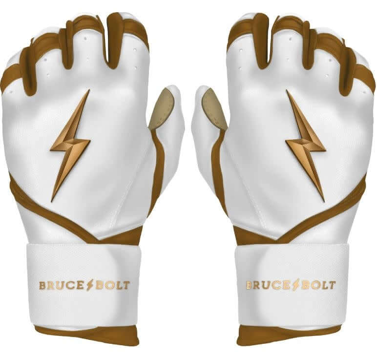 Bruce Bolt Premium Pro Gold Series White Long Cuff batting gloves with double reinforced palm