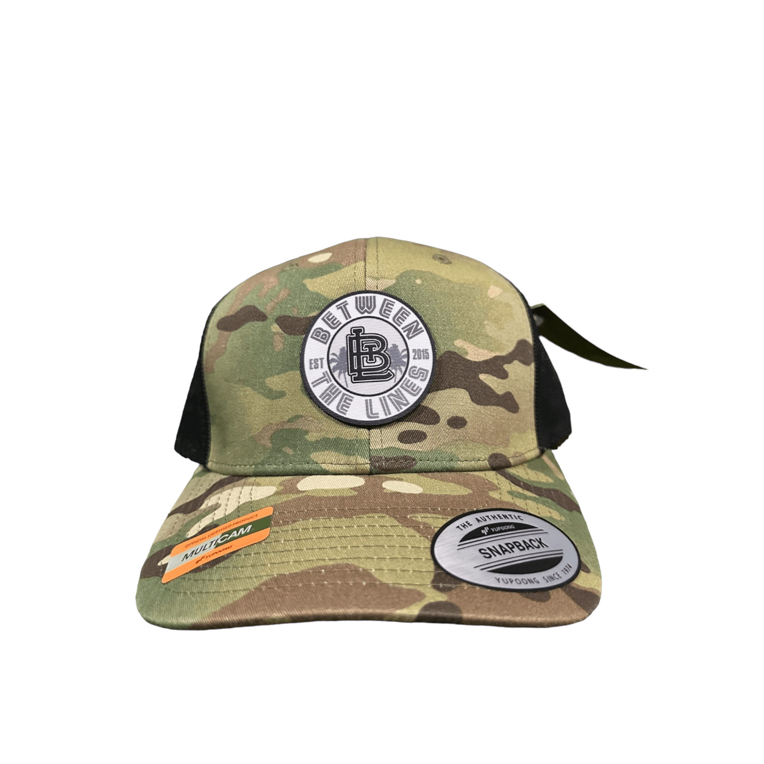 Camo/Black Trucker Hat with White Palm Badge and Snap-Back Closure