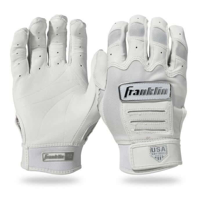 Franklin CFX FP Series White/Chrome batting gloves for women, designed for comfort and performance.