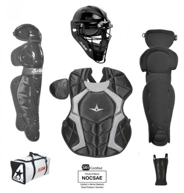 All-Star Player's Series Catching Kit for Ages 12-16, includes mask, chest protector, leg guards, throat guard, and bag.