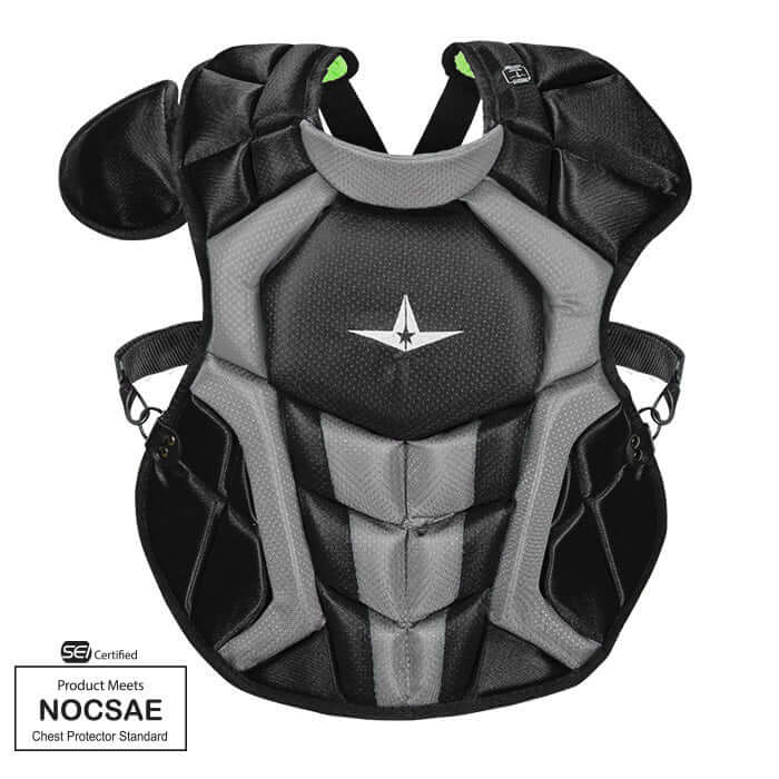 All-Star S7 Axis Chest Protector for elite baseball catchers, ages 12-16, meets NOCSAE standards.