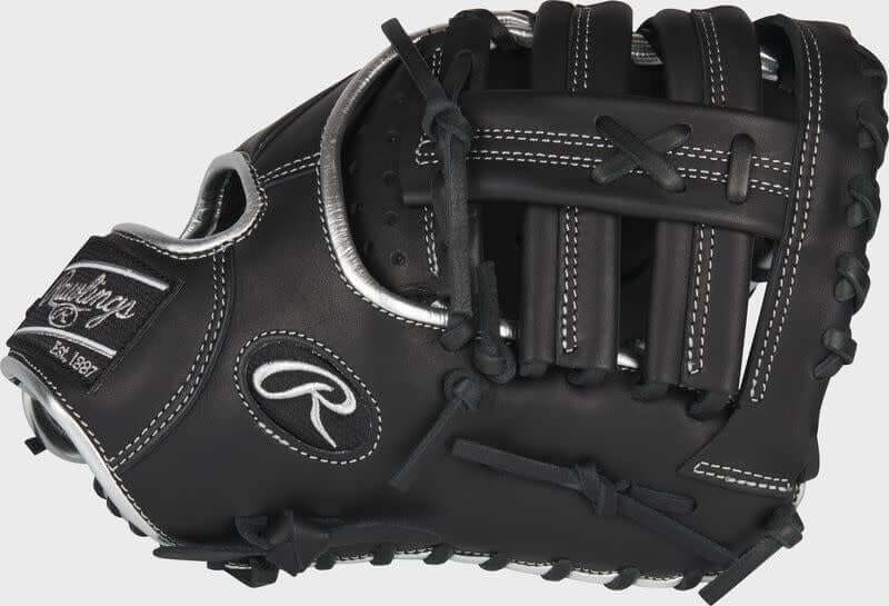 alt=Rawlings Encore Gamer 12-Inch First Base Mitt LHT, premium leather, black with platinum accents