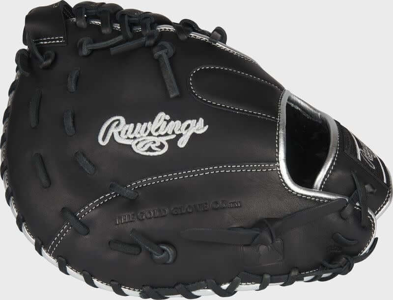 alt=Rawlings Encore Gamer 12-Inch First Base Mitt LHT, premium leather, black with platinum accents