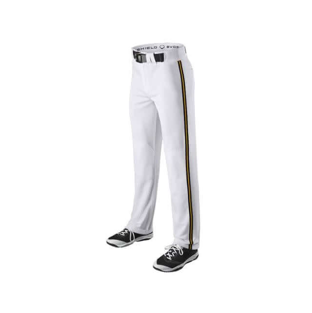 White Youth Evoshield Salute Pant with Gold Braid, 100% Polyester, Trim Fit, Open Bottom Hem.