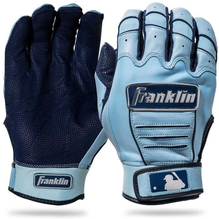 Navy Franklin chrome logo batting gloves with Carolina blue accents.