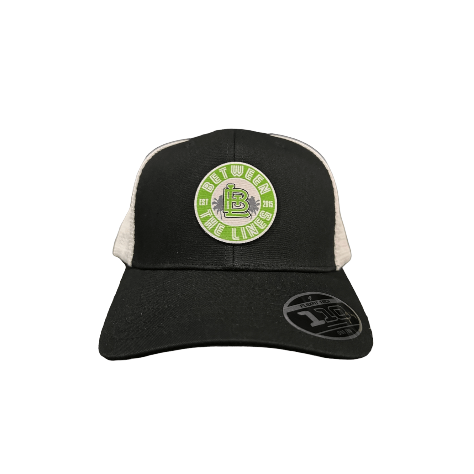 Black and white trucker hat with palm badge, 74% polyester, 26% cotton.