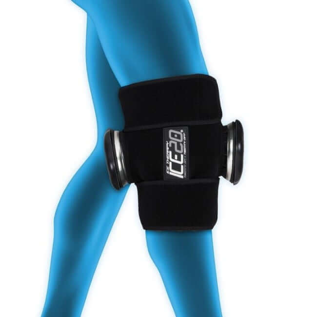 Bownet ICE20 Double Knee Compression Wrap with Velcro straps and refillable ice bags.