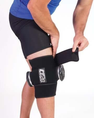 Bownet ICE20 Double Knee Compression Wrap with Velcro straps and refillable ice bags.