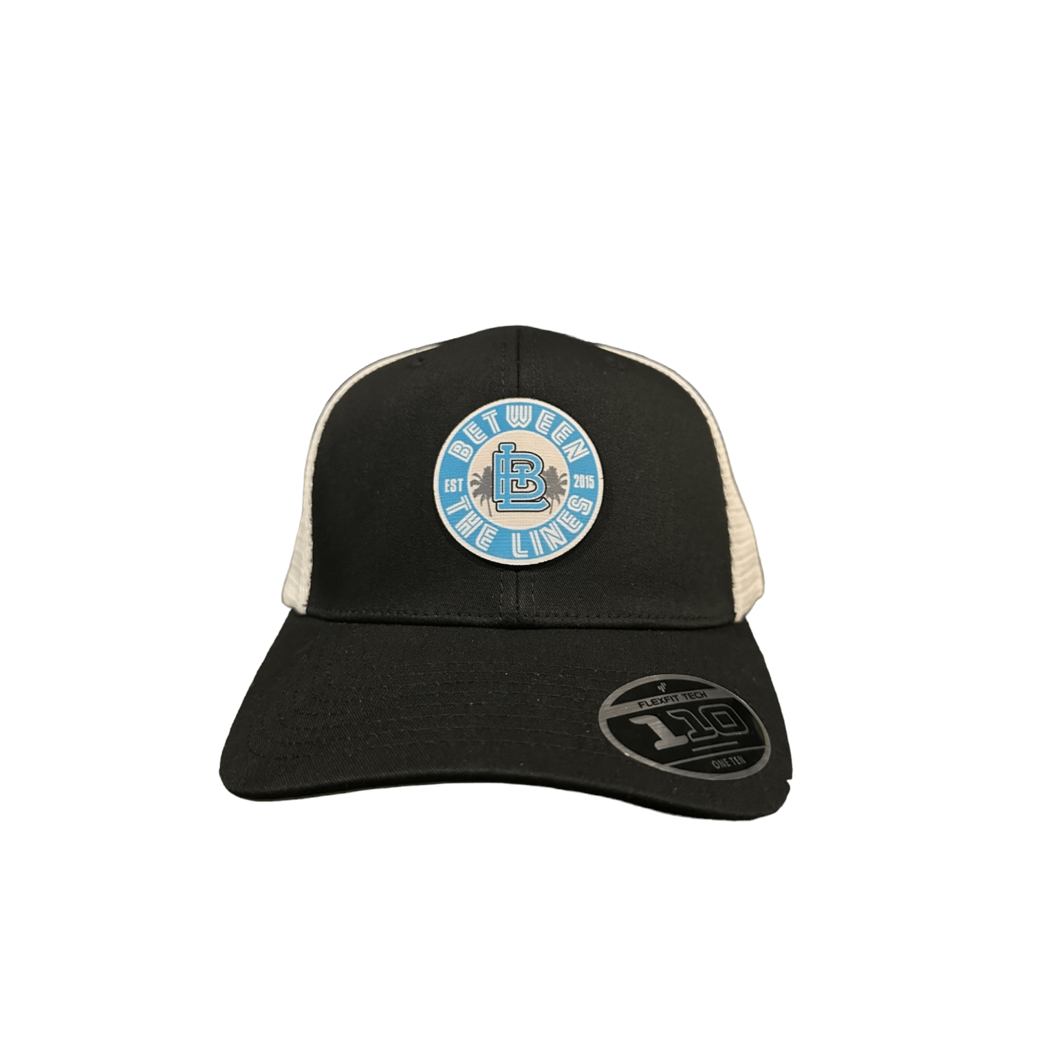 Black and white trucker hat with palm badge, 74% polyester, 26% cotton.