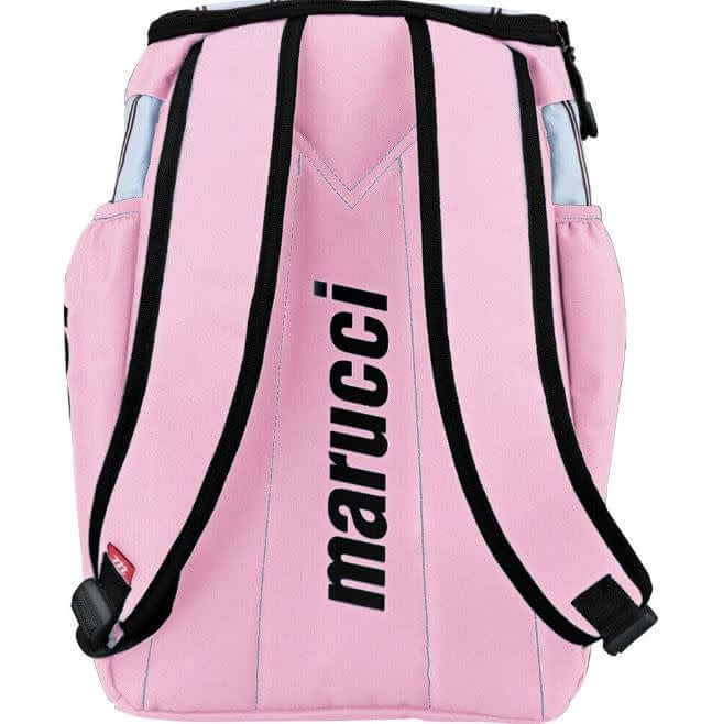 Marucci Foxtrot T-Ball Bat Pack in White/Black/Pink with padded shoulder straps and side bat holders.