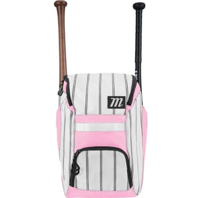 Marucci Foxtrot T-Ball Bat Pack in White/Black/Pink with padded shoulder straps and side bat holders.