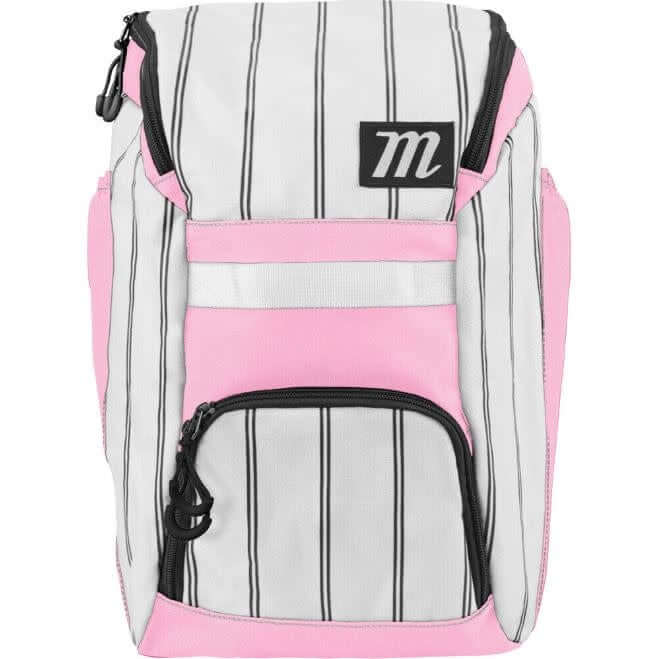 Marucci Foxtrot T-Ball Bat Pack in White/Black/Pink with padded shoulder straps and side bat holders.