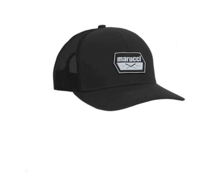 Marucci Rubber Cross Patch Trucker Hat in Black with Structured Crown and Cotton/Poly-Twill Front Panels