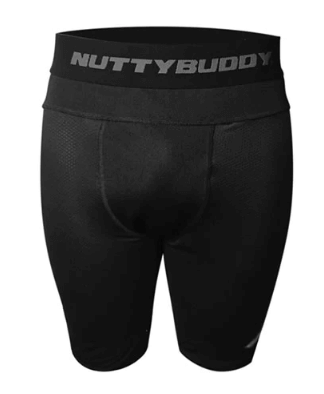 NuttyBuddy black compression shorts for youth with patented core support, full knee coverage, and superior lower body support.