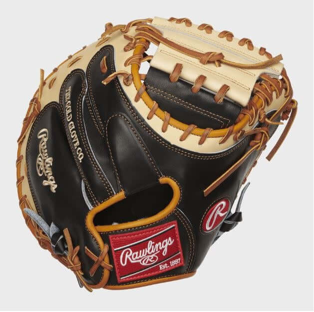 Rawlings Pro Preferred PROSCM33BCT 33-inch catcher's mitt, black and camel color, made from Kip leather.