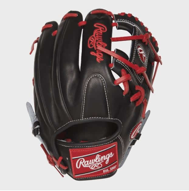 Rawlings Pro Preferred 11.75 Pro I Web Lindor Model, designed for infielders, black and red, full-grain kip leather glove.