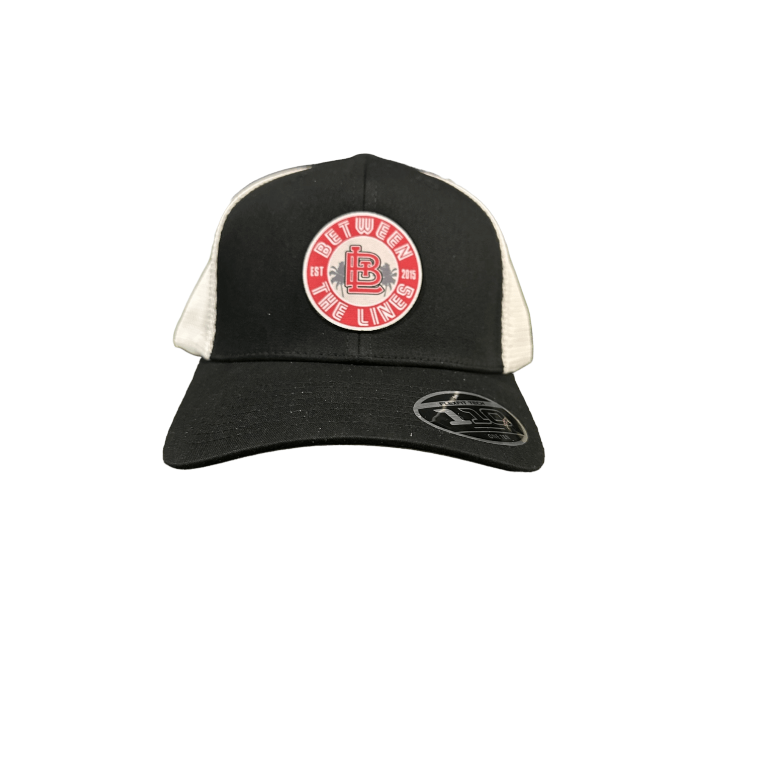 Black and white trucker hat with palm badge, 74% polyester, 26% cotton.