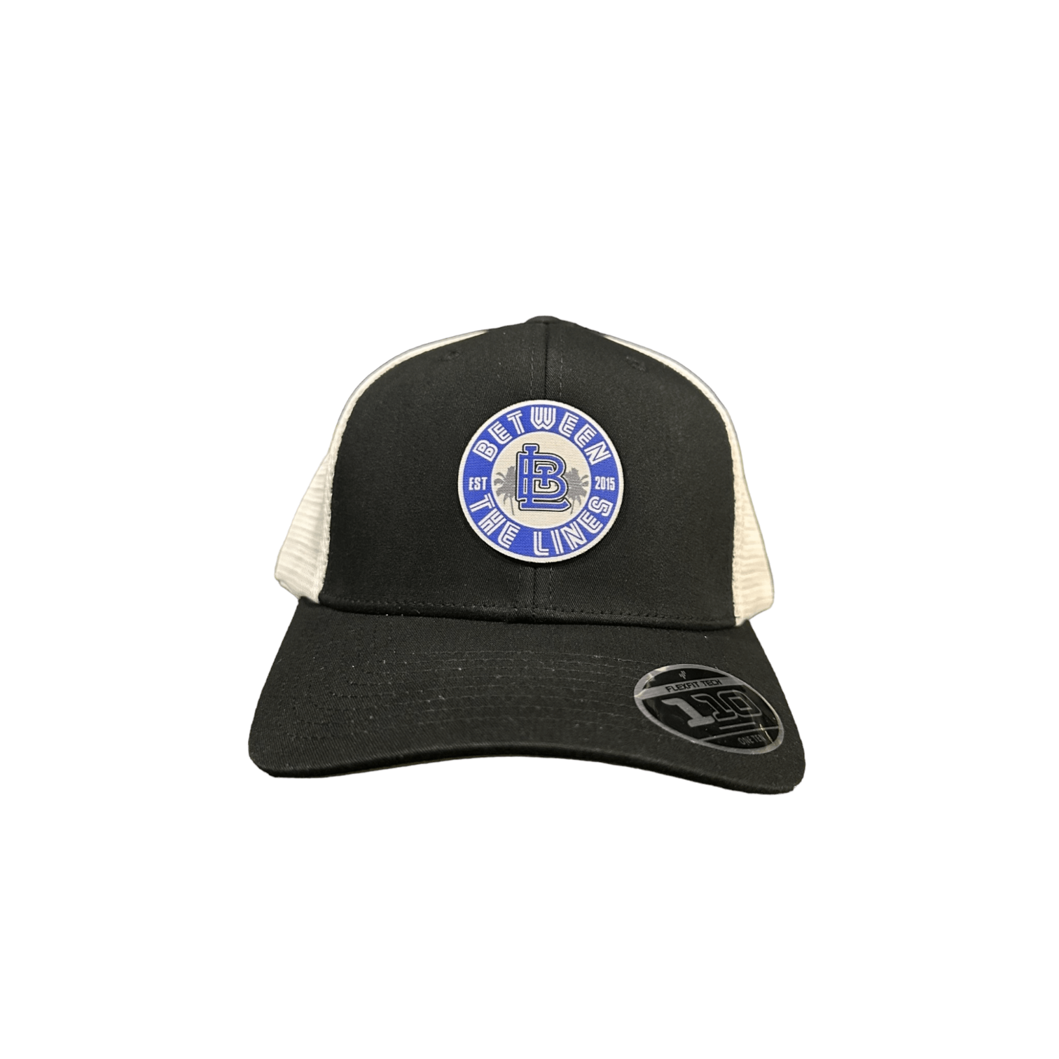 Black and white trucker hat with palm badge, 74% polyester, 26% cotton.