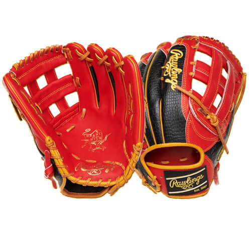 Rawlings ColorSync 7.0 Heart of the Hide 12.75 outfield glove with black croc-embossed leather and cherry-red palm.