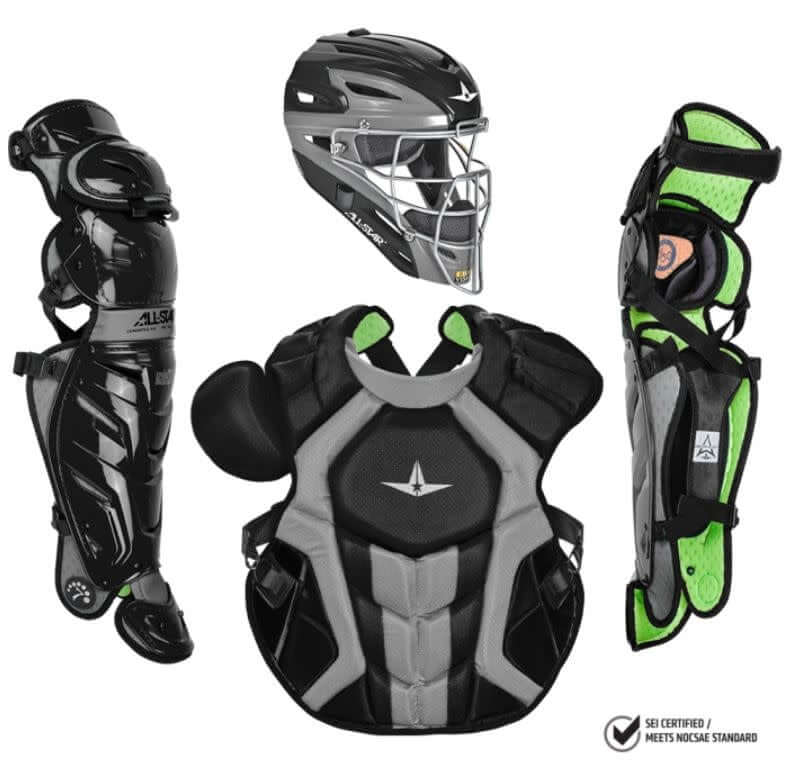 Catching Mask: All-Star MVP2500GTT Graphite Catching Mask with I-BAR Vision cage, fits head sizes 7-7.5, meets Nocsae standard.