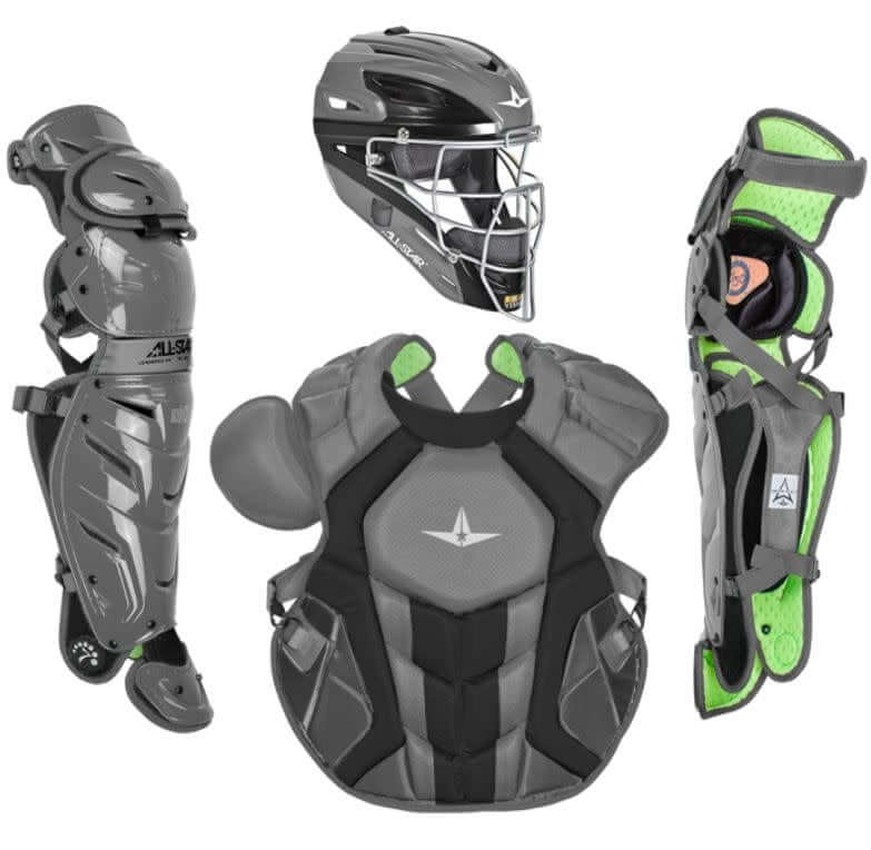 Catching Mask: All-Star MVP2500GTT Graphite Catching Mask with I-BAR Vision cage, fits head sizes 7-7.5, meets Nocsae standard.