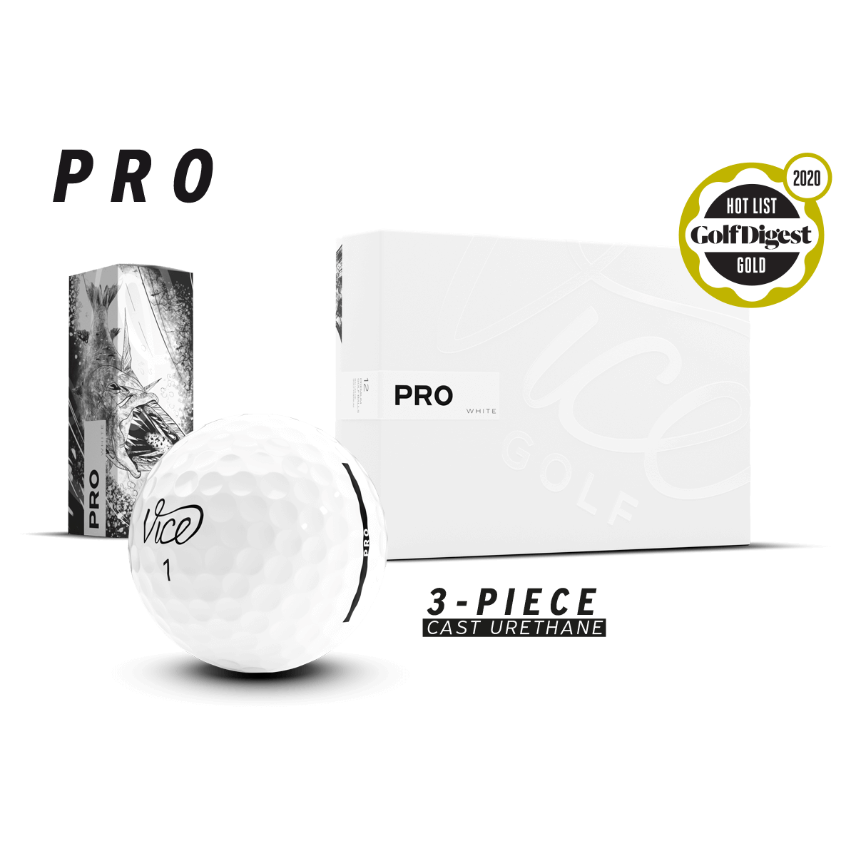 Vice Golf Pro Ball Dozen Advanced players, high swing speeds, 3-piece, urethane cover