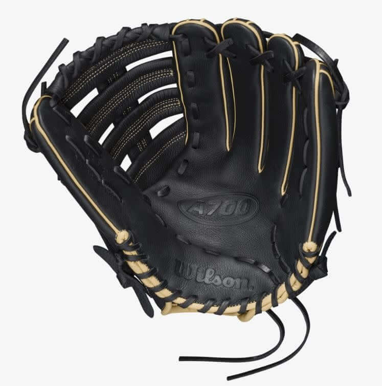 Wilson A700 12.5-inch outfield glove, black and blonde leather, single post web, game-ready.