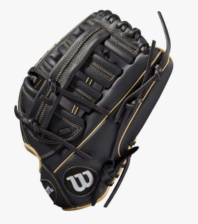 Wilson A700 12.5-inch outfield glove, black and blonde leather, single post web, game-ready.