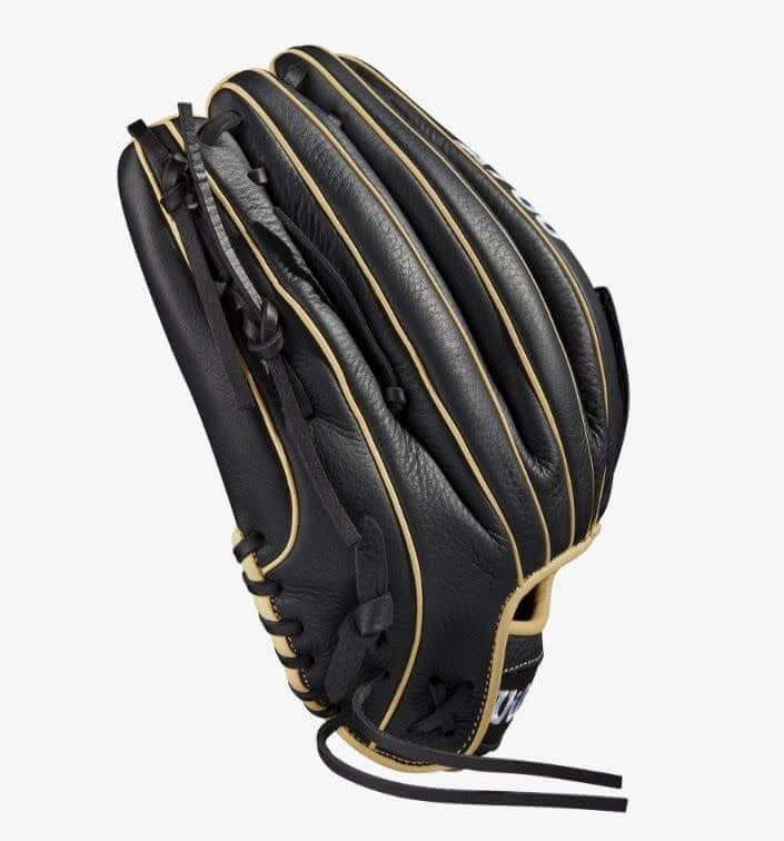 Wilson A700 12.5-inch outfield glove, black and blonde leather, single post web, game-ready.
