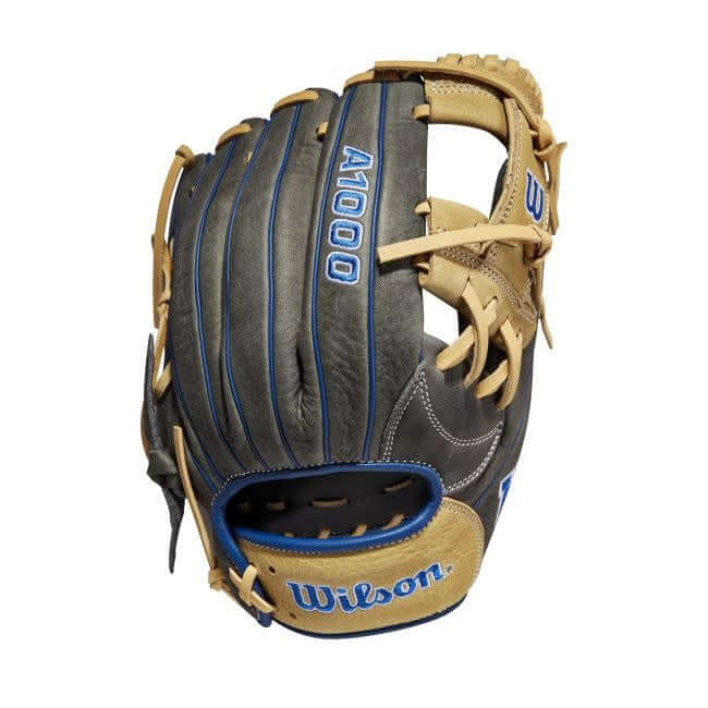 Wilson A1000 1787 11.75-inch glove in grey, royal blue, and white with Blonde H-Web for shortstops and third basemen.