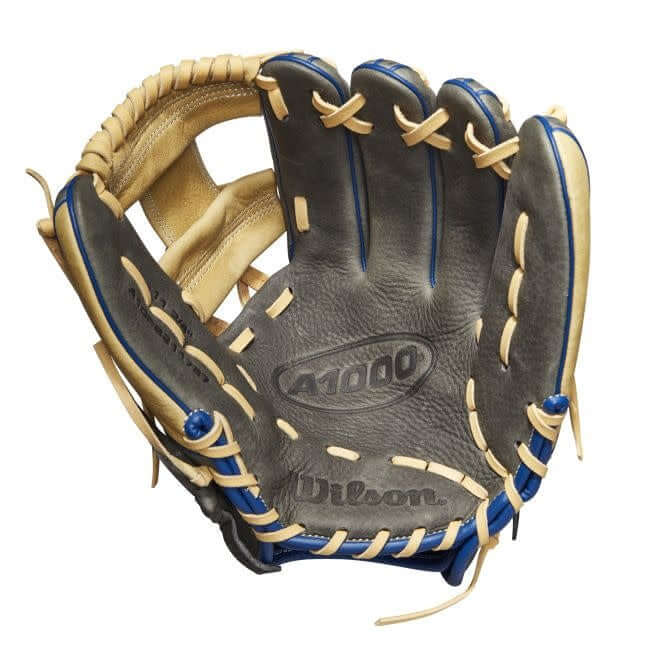 Wilson A1000 1787 11.75-inch glove in grey, royal blue, and white with Blonde H-Web for shortstops and third basemen.