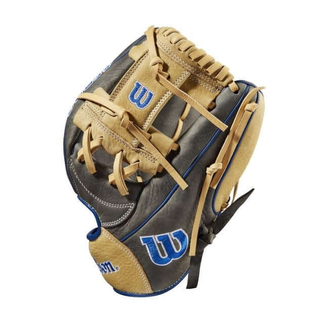 Wilson A1000 1787 11.75-inch glove in grey, royal blue, and white with Blonde H-Web for shortstops and third basemen.