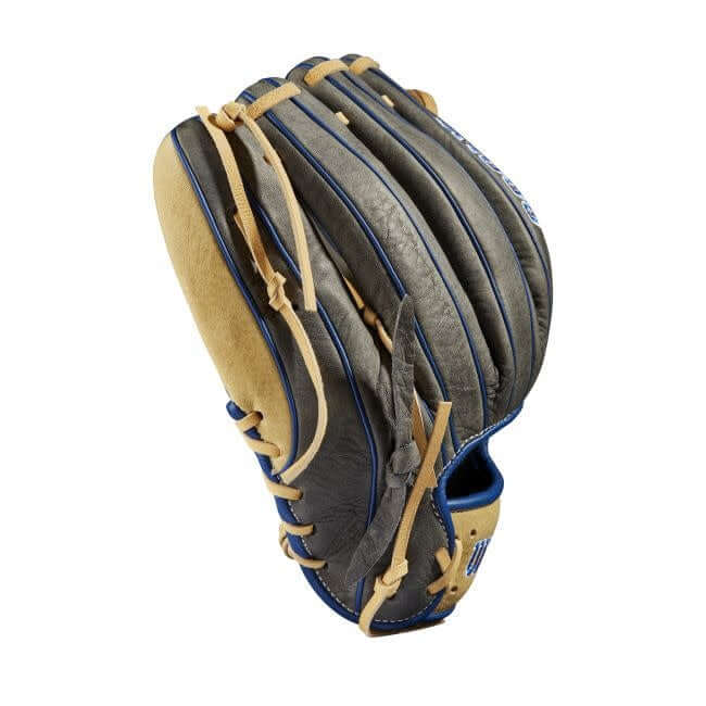 Wilson A1000 1787 11.75-inch glove in grey, royal blue, and white with Blonde H-Web for shortstops and third basemen.