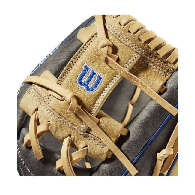 Wilson A1000 1787 11.75-inch glove in grey, royal blue, and white with Blonde H-Web for shortstops and third basemen.